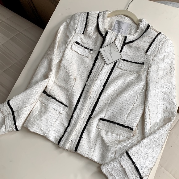 Stevie Mac 🖤🤍NYC Hand Made Couture Like White Sequin Blazer Black Fringe Trim - Picture 15 of 15